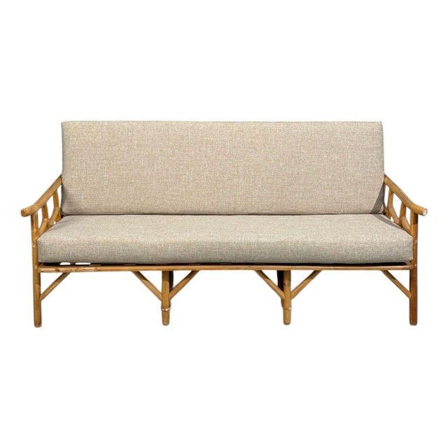 Ficks Reed, Three Seater Sofa, Bamboo, Cane, Beige Tweed, Usa, 1950s For Sale