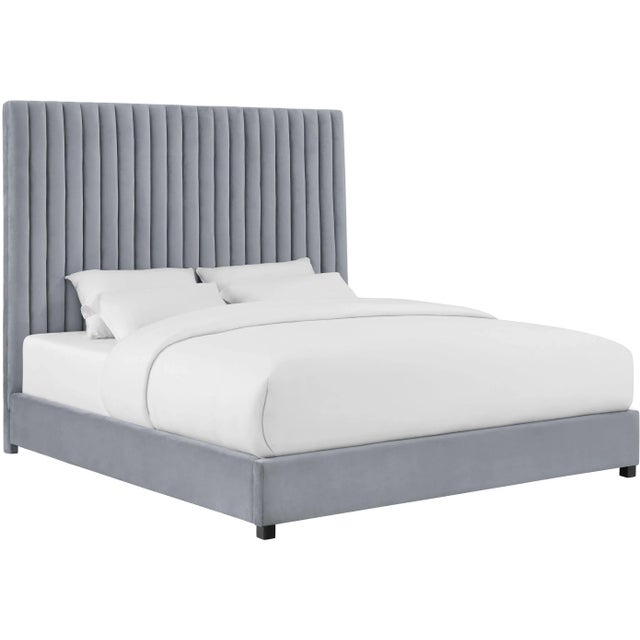 Wood Arabelle Grey Velvet King Bed For Sale - Image 7 of 7