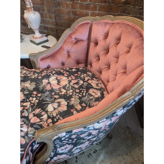 Vintage French chaise frame, newly re-upholstered In Kravet blush Venetian velvet and Greenhouse floral velvet print. Hand...