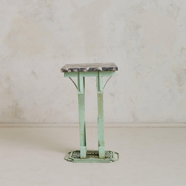 French Art Deco Green Iron Side Table with Marble Top, 1930s For Sale - Image 4 of 11