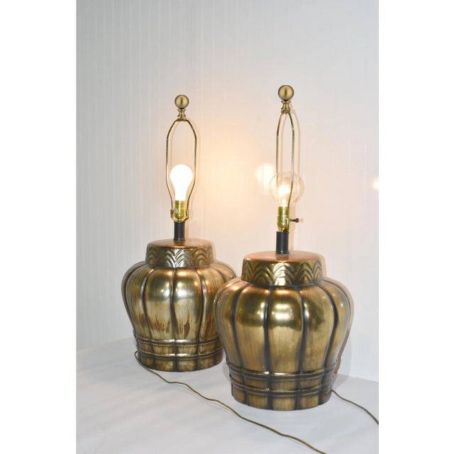 Mid Century Gold Ceramic Large Vase Lamps - a Pair For Sale - Image 10 of 11