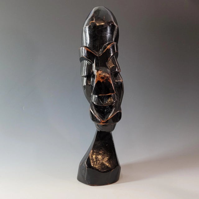 Abstract Hand Carved Ebony Wood Bust Sculpture, African Tribal Brutalist Modern For Sale - Image 4 of 11