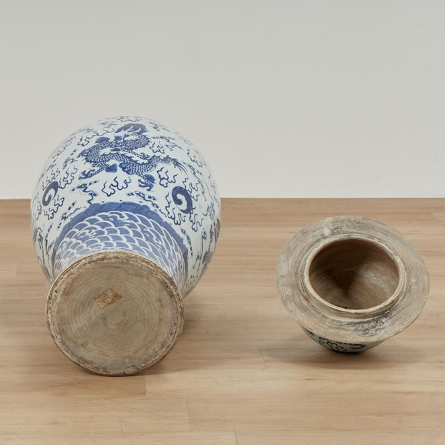 Pair of Chinese Blue and White Porcelain Dragon Palace Urns For Sale - Image 13 of 13