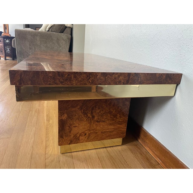 Wood 1970s Burlwood Veneer and Brass Coffee Table in the Style of Milo Baughman For Sale - Image 7 of 12