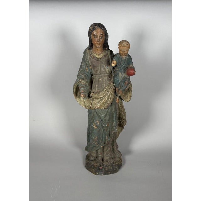 The Virgin and Child, polychrome carved wood, 18th century For Sale