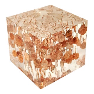 Vintage 1960s Pop Art Postmodern Lucite Table Sculpture of Copper Pennies All Dated 1968 - Mid 20th Century Modern For Sale