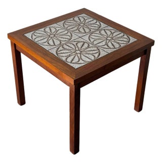 Teak Floral Ceramic Tile Top Side End Table Danish Mid-Century Modern 1970s For Sale