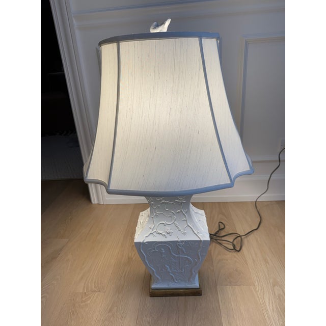 White Paul Hanson Vintage Blanc De Chine Chinoiserie Ceramic Lamps - A Pair With Original Shades For Sale - Image 8 of 9