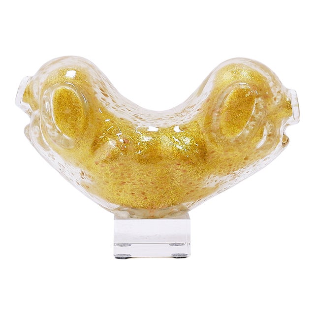 Vintage Clear Art Glass Figurine with Gold Glitter, 1990s For Sale