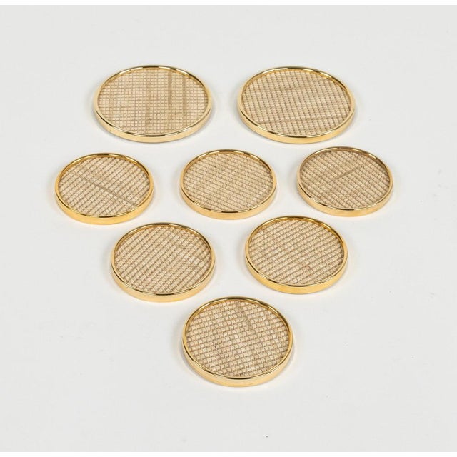 Mid-Century Modern Mid-Century Modern Barware Coasters in Brass and Rope, Italy, 1970s, Set of 8 For Sale - Image 3 of 14