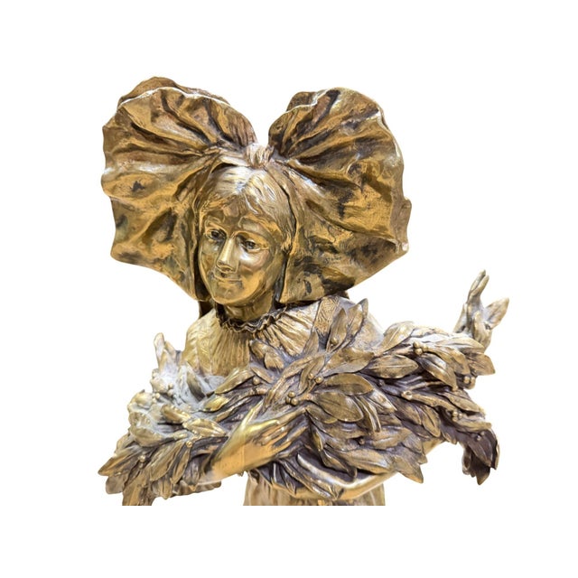 Antique Charlotte Monginot (French 1872-1962) heavy, medium sized Art Nouveau figural patinated bronze figure of a girl or...
