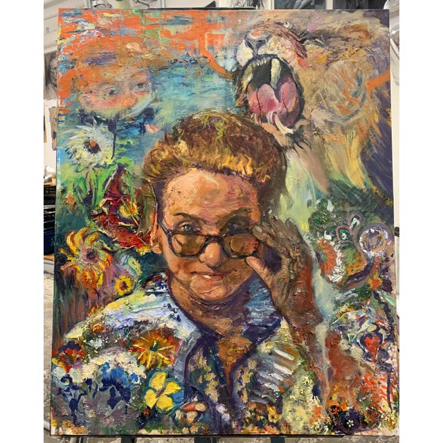 The View From Where I See It...Original Oil Painting....24”x30”x2" A woman with sun glasses accesses the situation around...