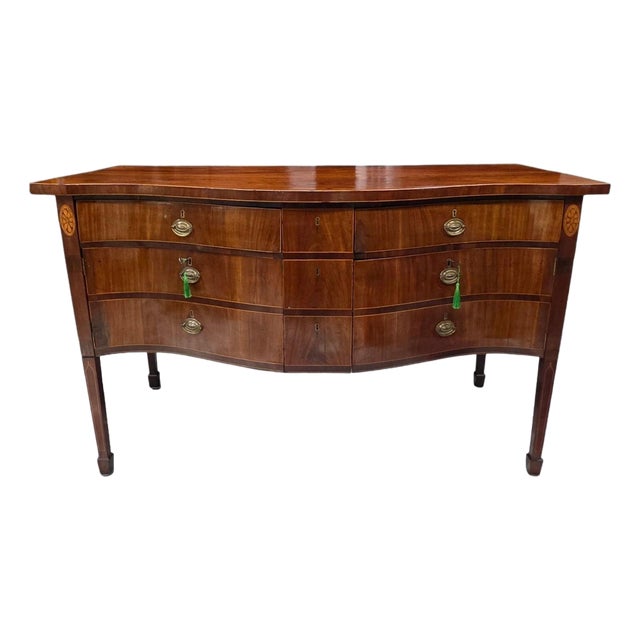 Antique 1790–1805 English George III Hepplewhite Serpentine Sideboard W/Solid Slab Top Faux Drawer Fronts, Concealed Twin Cabinets & Side Access Door For Sale