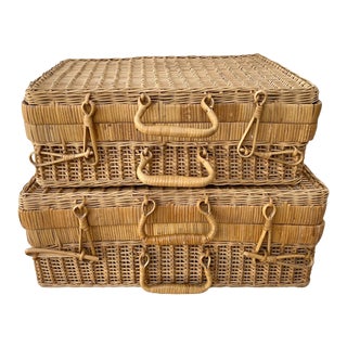 Vintage Wicker/Split Bamboo Stacking Suitcase Baskets - Set of 2 For Sale