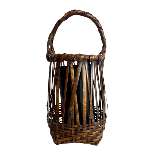 1920s Japanese Bamboo Basket Ikebana Tea Ceremony Flower Antique Vase Vintage Signed For Sale - Image 11 of 18