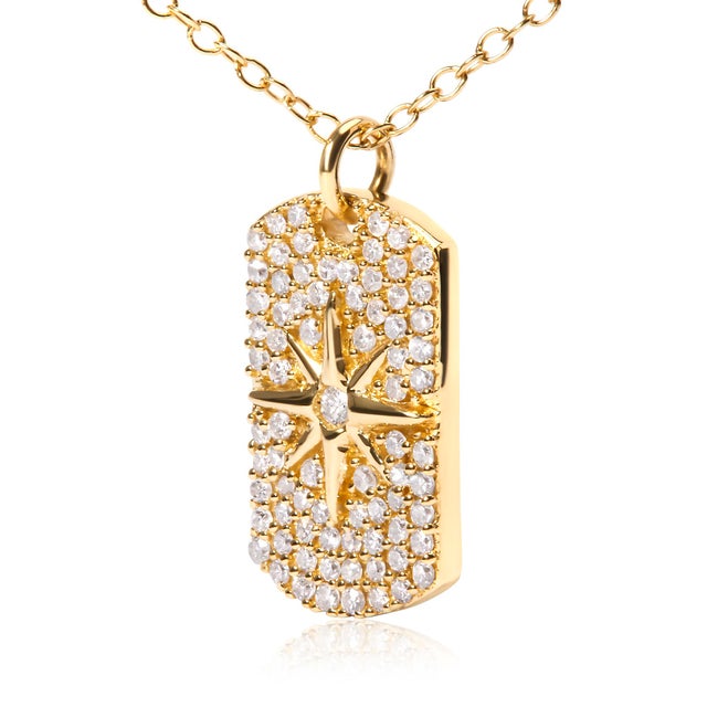 Contemporary 18K Yellow Gold Plated .925 Sterling Silver 3/8 Cttw Diamond North Star Dog Tag 18" Inch Pendant Necklace (I-J Color, I2-I3 Clarity) For Sale - Image 3 of 7