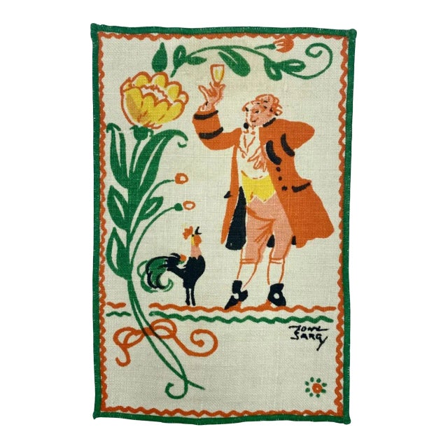 Vintage Tony Sarg Linen Equestrian Gentleman Rooster Cocktail Napkin Barware For Sale