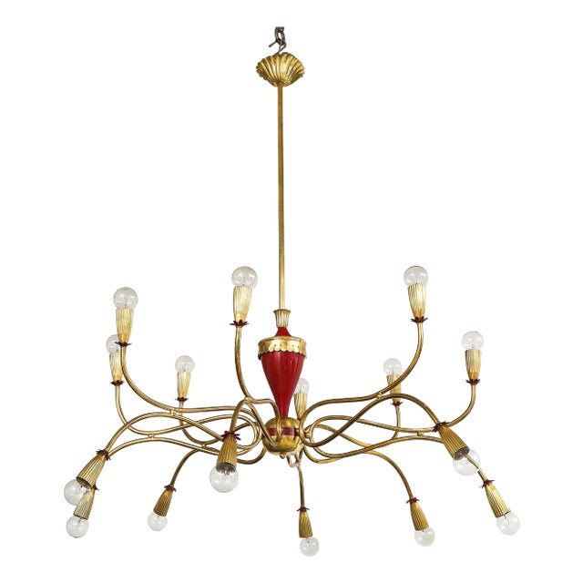 1950's Modern Large 18 Arm Brass Italian Chandelier By Lumi For Sale