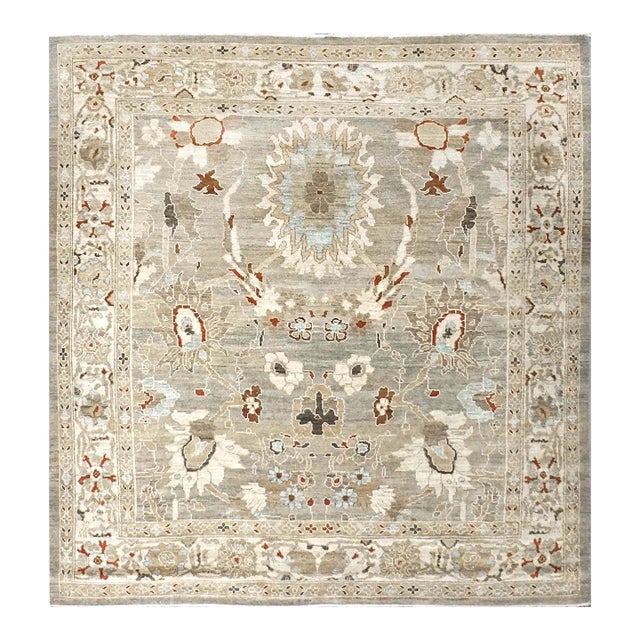 Persian Sultanabad Wool 8x8 Square Tan, Blue, & Ivory Handmade Area Rug #1143023 For Sale