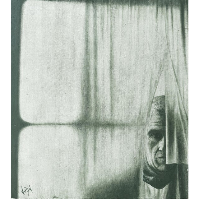 Vintage "Man Behind the Curtain" Painting Signed Vida, 2nd Painting on Verso For Sale