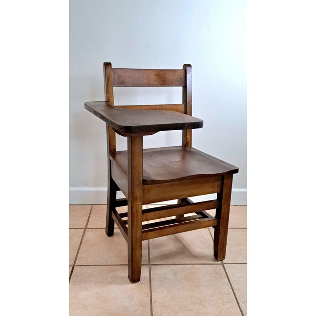 1930s Wooden School Desk Chair W/Attached Writing Arm & Book Shelf Ocean County For Sale In West Palm - Image 6 of 12