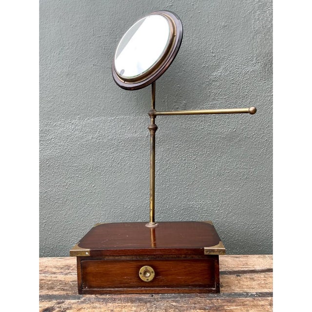 Vintage Brass and Wood Campaign Vanity Mirror For Sale - Image 9 of 12