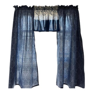Blue Oriental Cafe Curtains 45 Length Kitchen / Bathroom Set of 2 Panels & 2 Valances 16 X45 Wide For Sale