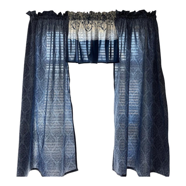 Blue Oriental Cafe Curtains 45 Length Kitchen / Bathroom Set of 2 Panels & 2 Valances 16 X45 Wide For Sale