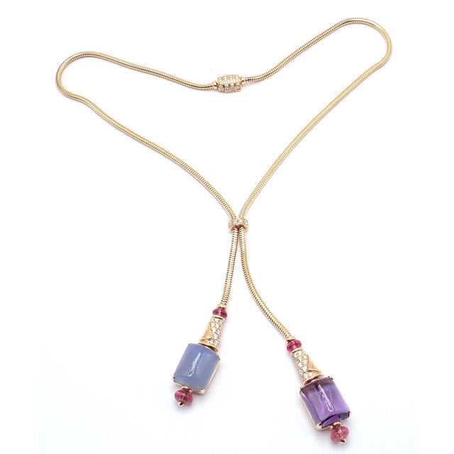 Contemporary Bulgari Rose Gold Amethyst Chalcedony Tourmaline Lariat Necklace For Sale - Image 3 of 15