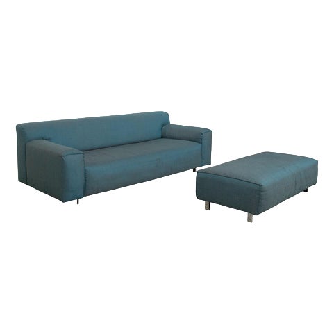 Grata 3-Seater Sofa and Ottoman in Petrol Blue Fabric from Rolf Benz, Set of 2 For Sale