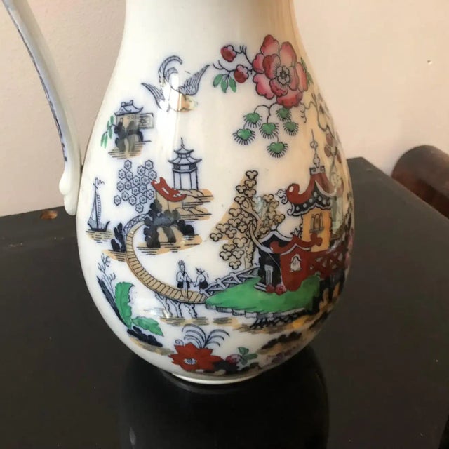 It's a large polychrome ceramic chinoiserie style jug, signed B.T.F.C. on the bottom. Made in England in 1870.