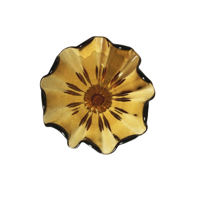 Vintage Amber Art Glass Pedestal Dish Candy Dish Rufflle Edge Bowl Glass For Sale - Image 4 of 4
