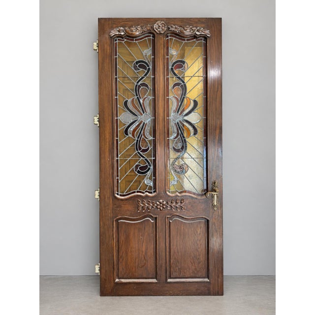 Vintage Carved Oak Entry Door With Art Nouveau Leaded Glass Sidelights For Sale - Image 4 of 5