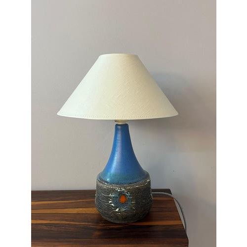 Table Lamp in Blue Brown Ceramic with Fabric Shade For Sale - Image 6 of 11