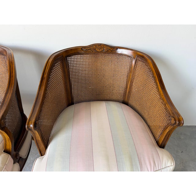 Brown 1960s Vintage French Provincial Louis XV-Style Carved Walnut & Cane Club Chairs – Pair For Sale - Image 8 of 13