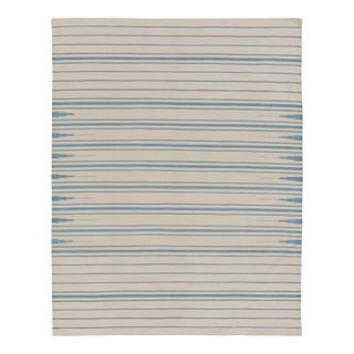 Rug & Kilim’s Indian Dhurrie Rug in Ivory and Blue Stripes For Sale
