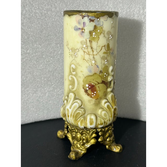 Late 19th Century Fine Antique c.f. Monroe Wave Crest "Opal Ware" Hand-Painted Cylinder Vase in Ornate Gilt Ormolu Mount For Sale - Image 5 of 7