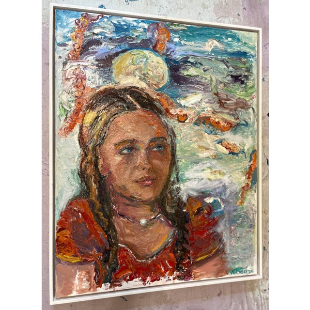 Brick Red "Anticipation", Original Oil Painting, Portrait of a Young Woman, Framed For Sale - Image 8 of 10