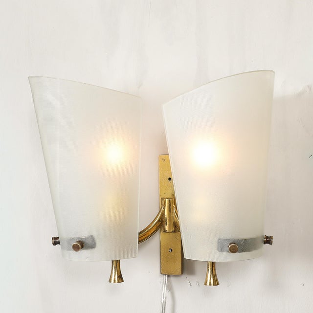 1960s 1960s Italian Mid-Century Double Shaded Textured Glass & Brass Wall Sconces - a Pair For Sale - Image 5 of 17