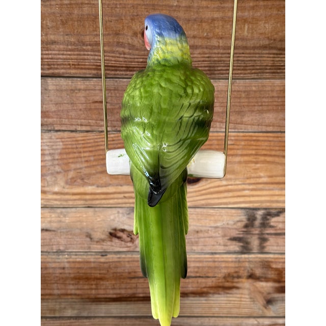 Late 20th Century Vintage Ceramic Glazed Parrot on Brass Perch With Hanging Chain For Sale - Image 5 of 11