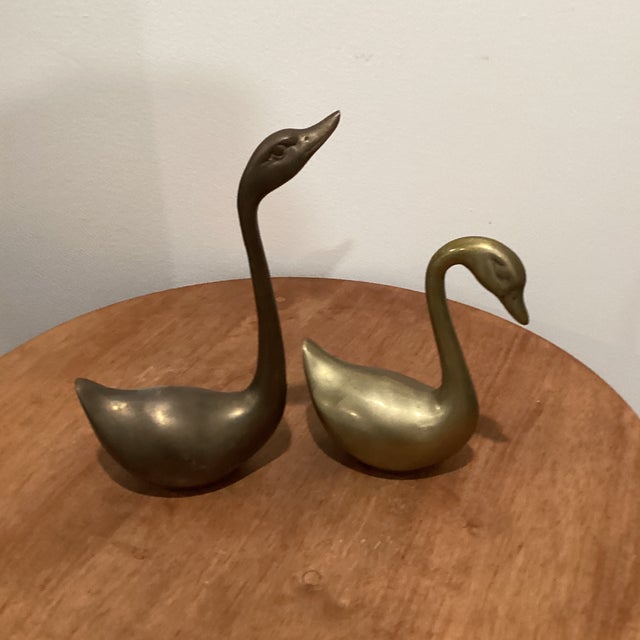 Mid-Century Modern Mid Century Modern Pair of Vintage Solid Brass Swan Figurines For Sale - Image 3 of 12