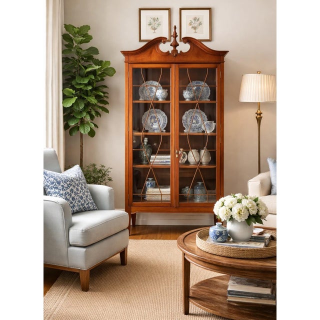 An elegant Sheraton Revival china cabinet featuring glass on three sides, allowing light to pass through and illuminate...
