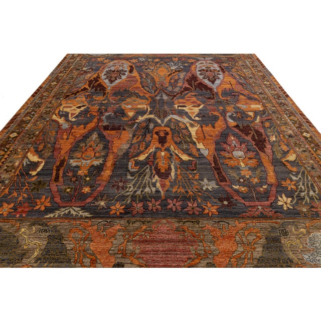 Textile 10x14 Modern Bidjar Style Abstract Floral Wool Area Rug in Slate & Burnt Orange For Sale - Image 7 of 11