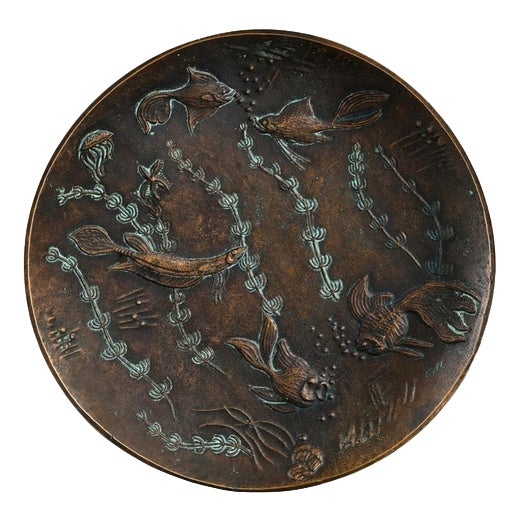 Vintage Art Deco Bronze Tray with Aquatic Motif by Gunnar Nylund, Sweden, 1930s For Sale