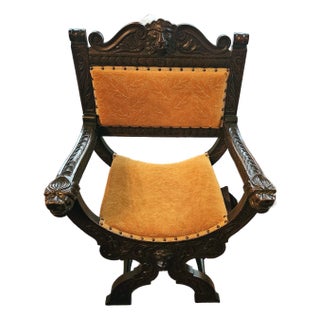 19th-Century Continental Renaissance Style Carved Walnut Lion Armchair in Gold Velvet For Sale