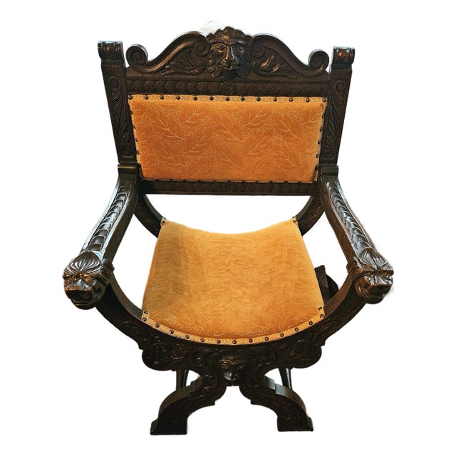 19th-Century Continental Renaissance Style Carved Walnut Lion Armchair in Gold Velvet For Sale