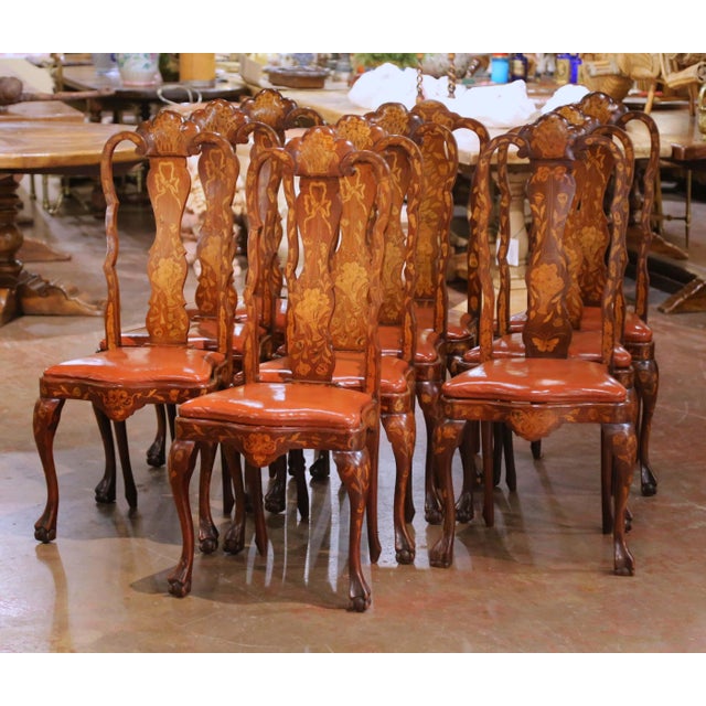 Baroque 19th C. Dutch Baroque Walnut Inlaid Dining Chairs With Leather Seats, Set of 10 For Sale - Image 3 of 12