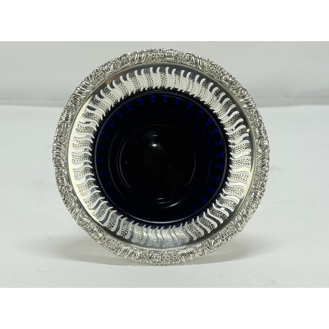 English Mid 20th Century English Barker Ellis Silverplate Openwork & Cobalt Glass Lined Vessel For Sale - Image 3 of 6