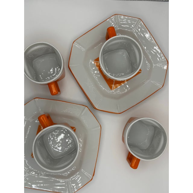 Mid-Century Modern 1950s Mid-Century Modern Trend by Nasco Geometric Orange and White Ceramic Mug and Saucer Set - 9 pcs For Sale - Image 3 of 11