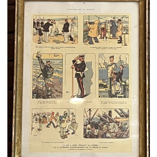 Antique early 20th-century French color lithograph print titled "La Vie à Bord Pendant La Guerre" (Life Onboard During the...